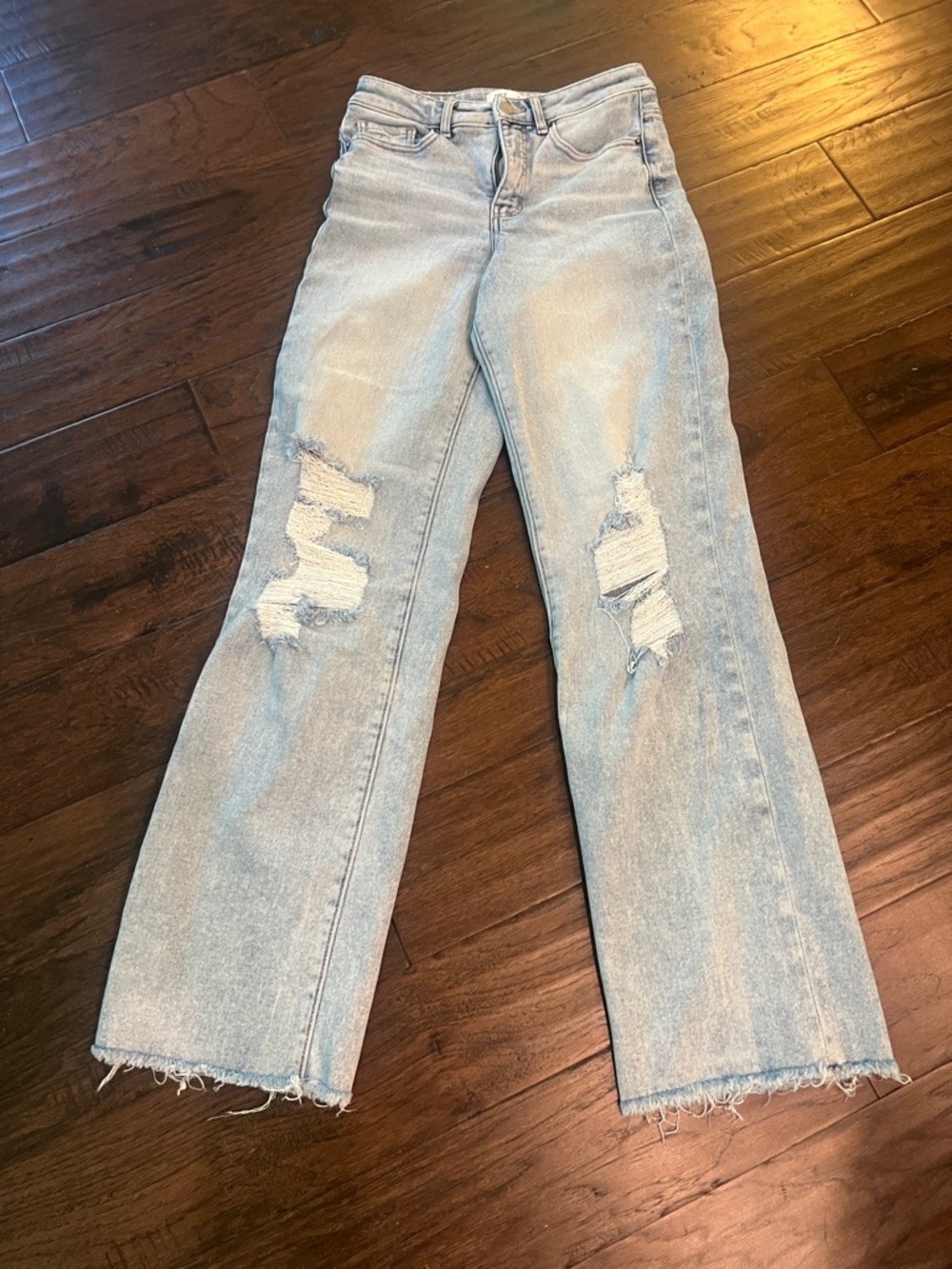 BKE Billie Slim Fit High Rise Wide Leg Light Wash Distressed Raw Hem Jeans 27x34